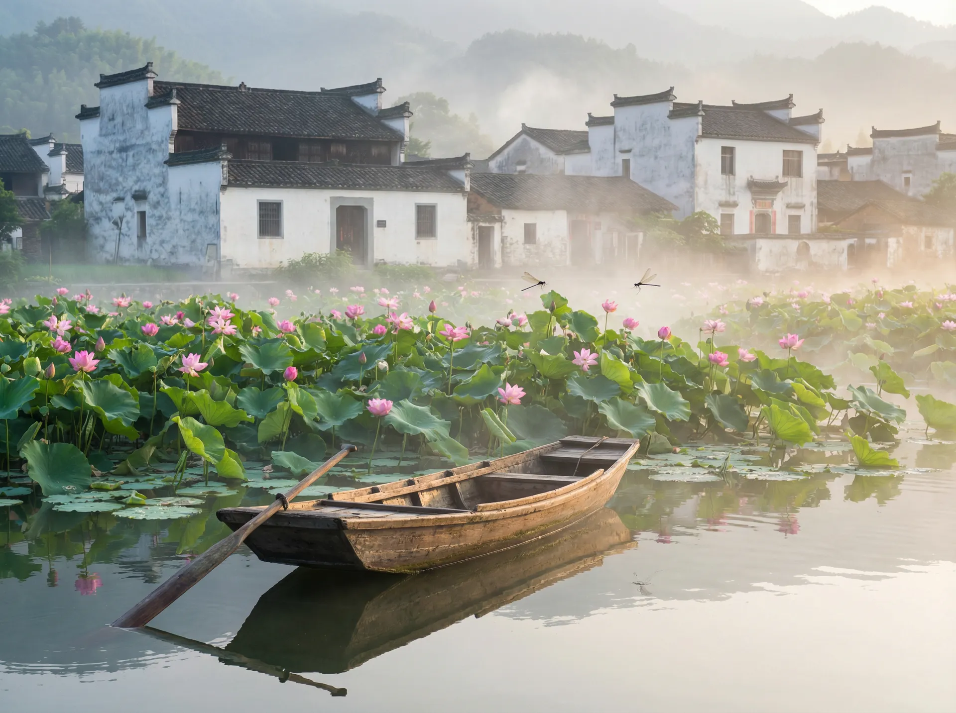 清晨荷塘小舟，粉色荷花盛开，白墙黑瓦的村庄 - 金瓶艳史 水乡风情